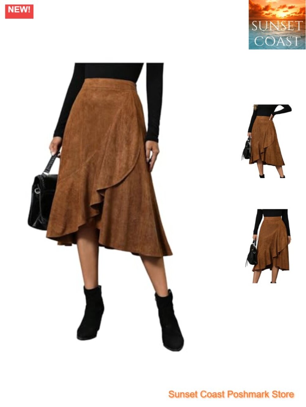 Women's High Waisted Asymmetrical Ruffle Flowy Midi Skirt Business Casual Work
